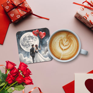 Romantic Love On Cloud Nine Fairytale Wedding Square Paper Coaster