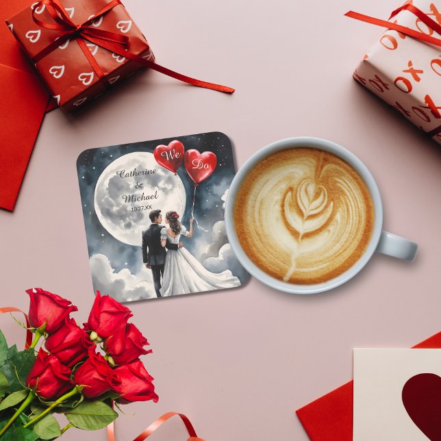 Romantic Love On Cloud Nine Fairytale Wedding Square Paper Coaster (Creator Uploaded)