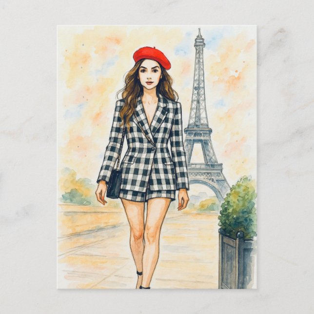 Romantic Love Paris Man Woman Watercolor Postcard (Front)