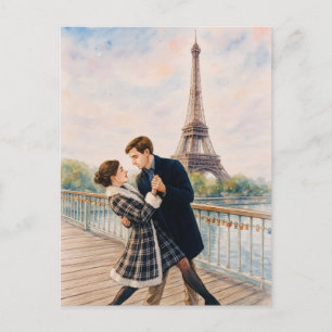 Romantic Love Paris Man Woman Watercolor Postcard
