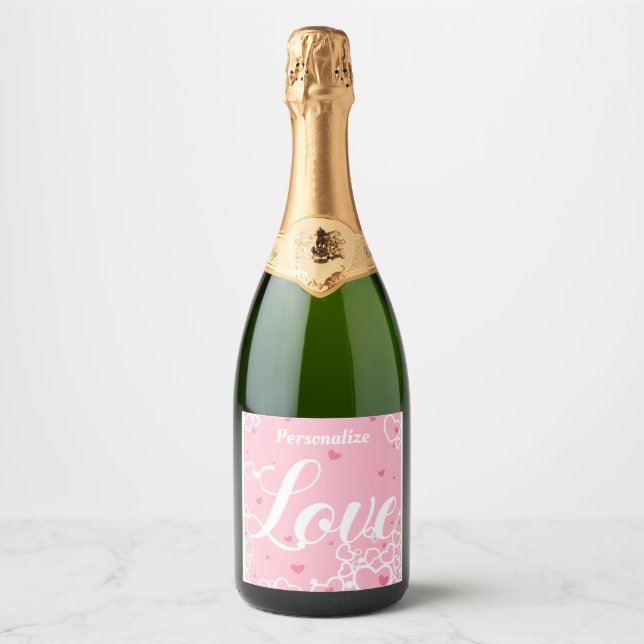 Romantic Love Pink Hearts Personalised Sparkling Wine Label (Front)