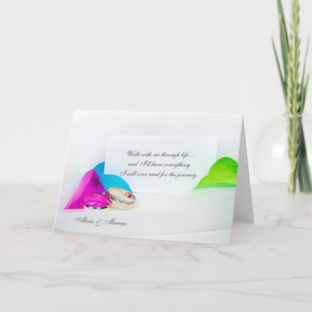 romantic love quote with rings and rose petals card (Front)