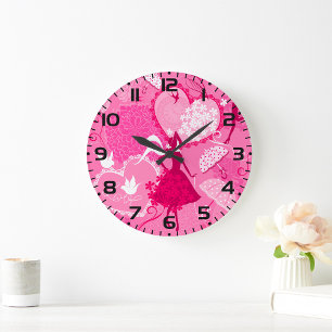 Romantic Love Silhouette Pattern Pink Hearts Large Clock