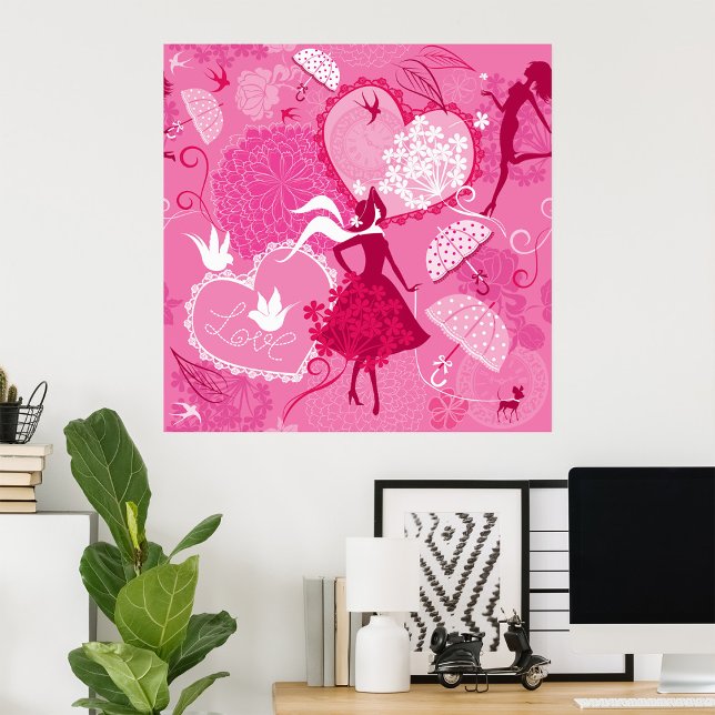 Romantic Love Silhouette Pattern Pink Hearts Poster (Creator Uploaded)