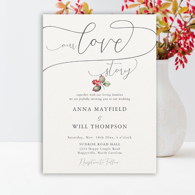 Romantic Love Story Winter Berries Elegant Wedding Invitation (winter red berries love story romantic elegant wedding invitation minimalist classy country rustic)