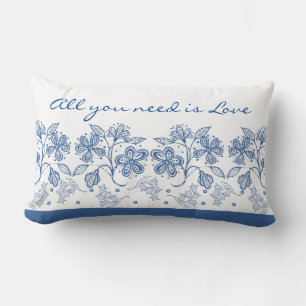 Romantic Love Text Indigo Blue Floral Border Lumbar Cushion