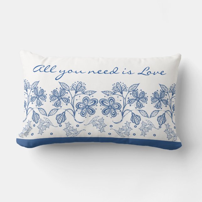 Romantic Love Text Indigo Blue Floral Border Lumbar Cushion (Front)