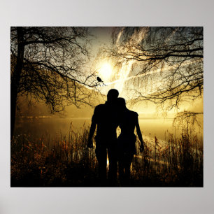 Romantic Lovers Silhouette at Sunset Poster