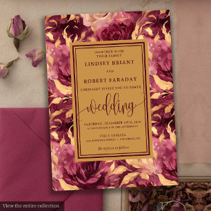 Romantic Luxury Deep Red Gold Floral Wedding  Invitation