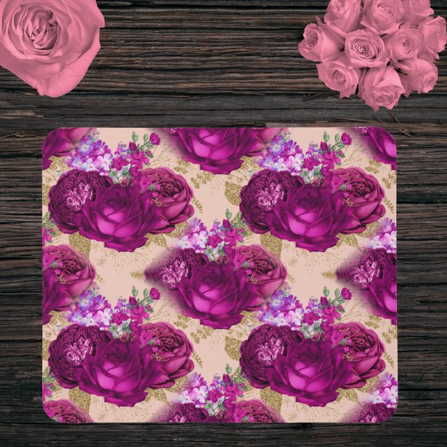 Romantic Magenta Roses and Gold Leaves on Peach Mouse Pad (Creator Uploaded)