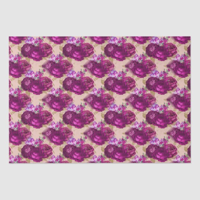 Romantic Magenta Roses and Gold Leaves on Peach Tissue Paper (Front)
