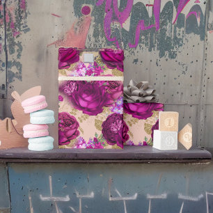 Romantic Magenta Roses and Gold Leaves on Peach Wrapping Paper