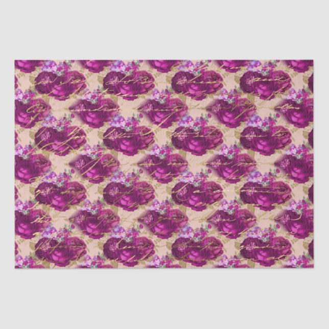 Romantic Magenta Roses with Gold Writing on Peach Tissue Paper (Front)
