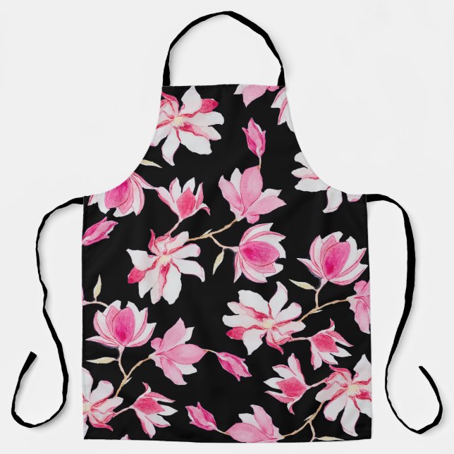 Romantic Magnolia: Black Watercolor Apron (Front)