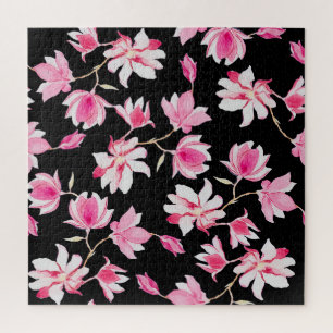 Romantic Magnolia: Black Watercolor Jigsaw Puzzle
