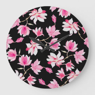 Romantic Magnolia: Black Watercolor Large Clock