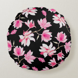 Romantic Magnolia: Black Watercolor Round Cushion