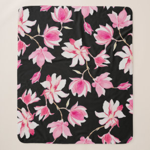 Romantic Magnolia: Black Watercolor Sherpa Blanket