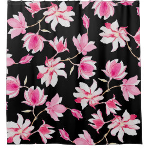 Romantic Magnolia: Black Watercolor Shower Curtain