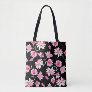 Romantic Magnolia: Black Watercolor Tote Bag