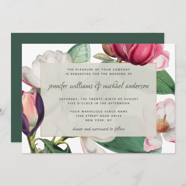 Romantic Magnolia Blossoms Elegant Floral Invitation (Front/Back)
