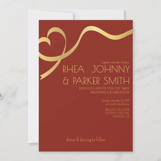 Romantic Maroon and Gold  Script Formal Wedding Invitation (Front)