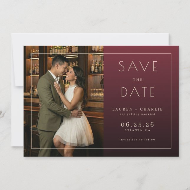 Romantic Maroon Elegant Photo Save The Date (Front)