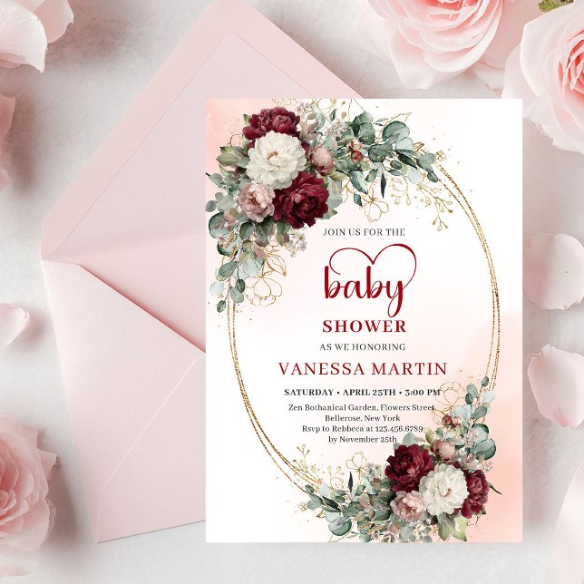 Romantic Maroon Floral Gold Baby Shower Invite (Romantic Maroon Floral Gold Baby Shower Invite

)