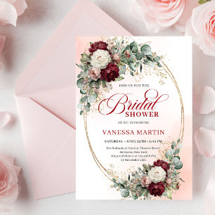 Romantic Maroon Floral Gold Bridal Shower Card