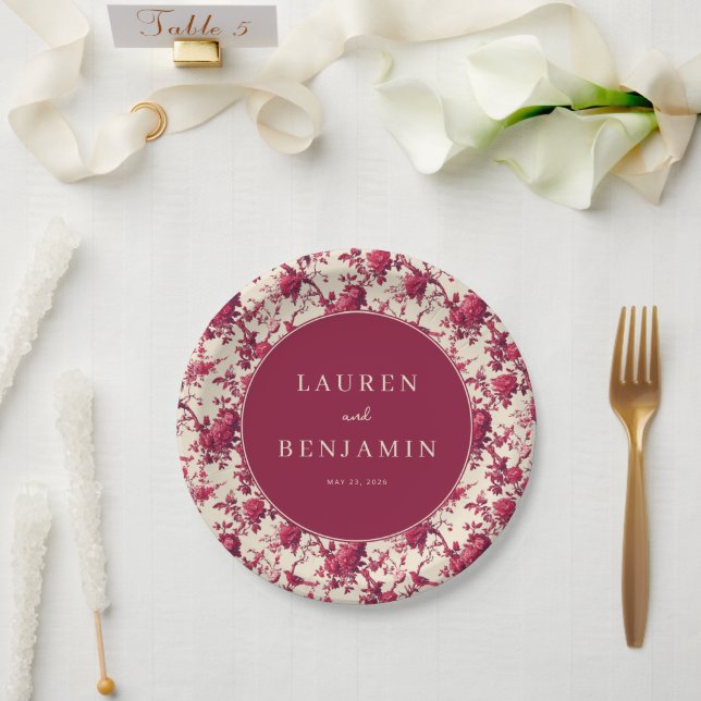 Romantic Maroon Floral Paper Plate (Wedding)