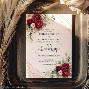 Romantic Maroon Gold Blush Flowers Elegant Wedding Invitation