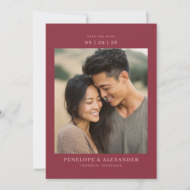 Romantic Maroon Minimalist Photo Save The Date (Front)