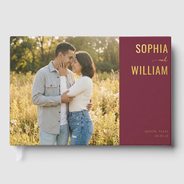 Romantic Maroon Modern Photo Guest Book (Front)