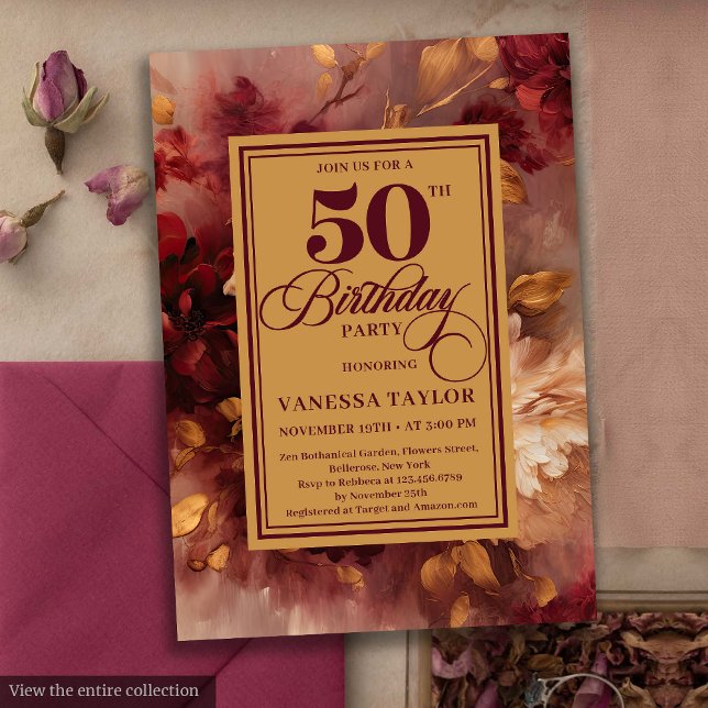 Romantic marsala blush gold floral 50th birthday  invitation (Romantic marsala blush gold floral 50th birthday card

)