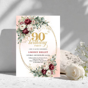 Romantic Marsala Peonies Eucalyptus 90th Birthday Invitation