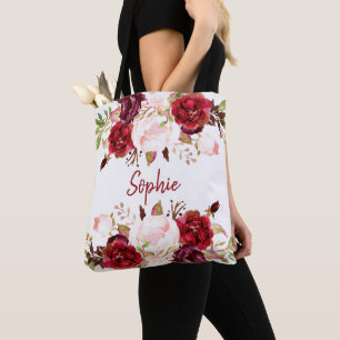 romantic marsala watercolor flowers bridesmaid tote bag