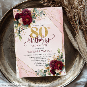 Romantic Marsala White Gold Flowers 80th Birthday  Invitation