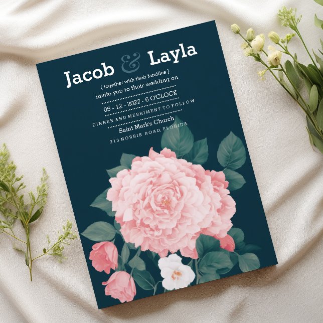 Romantic mauve blue pink rose floral wedding invitation (Romantic mauve blue pink rose floral wedding)