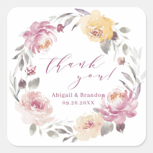 Romantic mauve floral thank you wedding square sticker