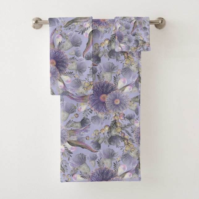 Romantic Mauve Wattle & Eucalyptus Bath Towel Set (Insitu)