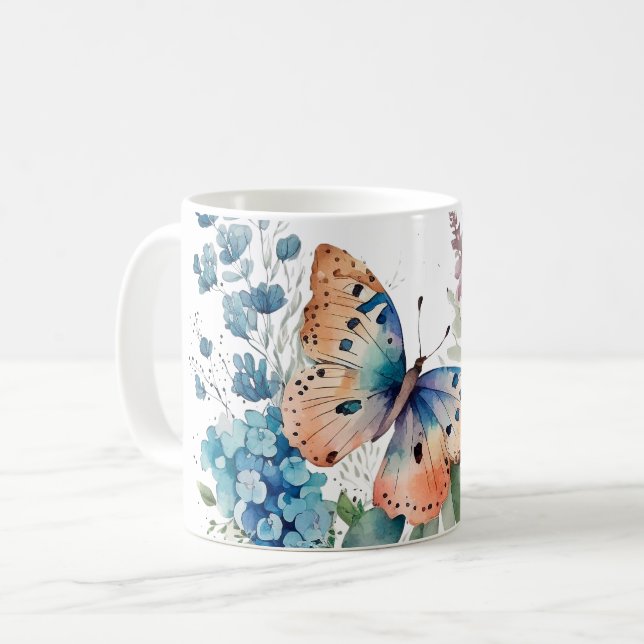 Romantic meadow flowers and  Butterfly Coffee Mug (Front Left)