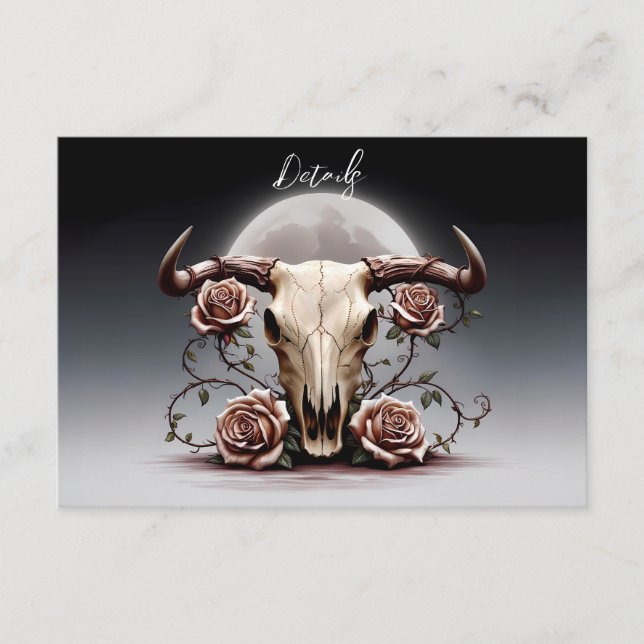 Romantic Mediaval Floral Cow Skull Wedding QR code Enclosure Card (Front)
