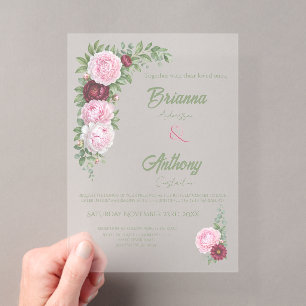 Romantic Merlot And Pink Peony Botanical Frosted Acrylic Invitations