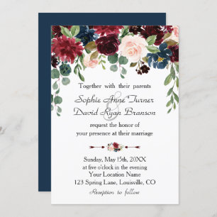 Romantic Merlot Navy Blue Floral Wedding Invitation