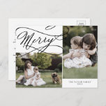 Romantic Merry Christmas 2 Photo Family Newsletter Holiday Postcard<br><div class="desc">This romantic Merry Christmas 2 photo family newsletter holiday postcard is the perfect simple holiday greeting. The modern classic design features fancy swirls and whimsical flourishes with gorgeous elegant hand lettered typography. Personalise your postcard with 2 photos, your family name, first names, and year. Include a year in review or...</div>