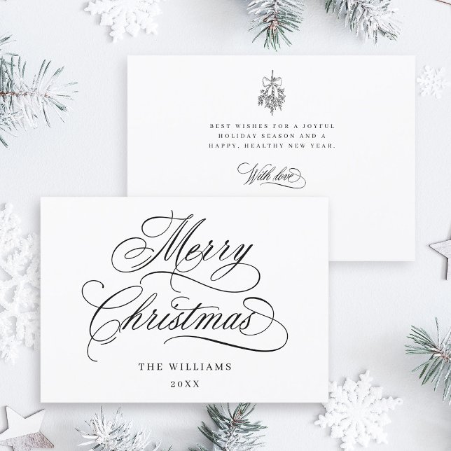 Romantic Merry Christmas Script Flat Holiday Card (Front & Back)