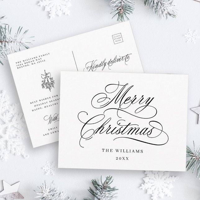 Romantic Merry Christmas Script Holiday Postcard (Front & Back)