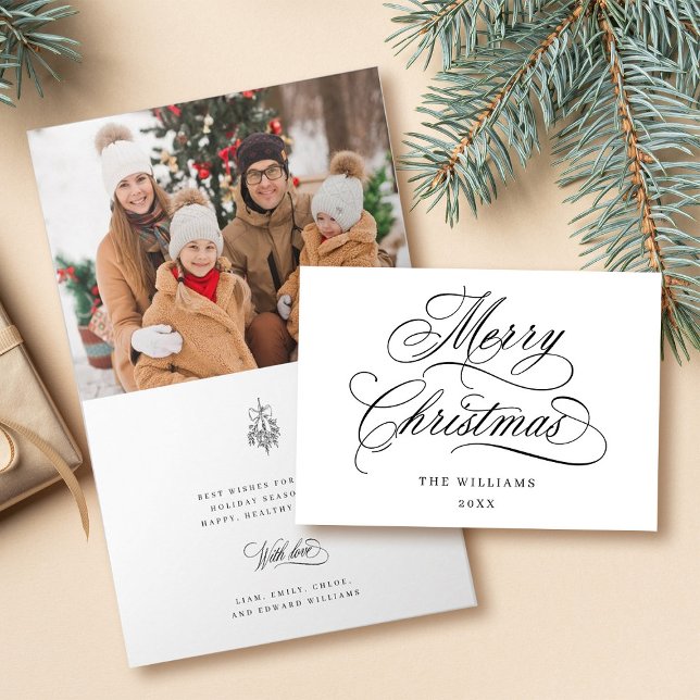 Romantic Merry Christmas Script Photo Folded Holiday Card (Front & Inside)