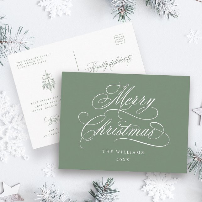 Romantic Merry Christmas Script Silky Sage Green Postcard (Front & Back)