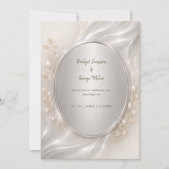 Romantic metallic Silver Oval Wedding Botanicals  Invitation (Front)